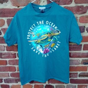 Gildan Teal S/S Protect The Ocean Pullover Crew neck T-Shirt Tee Sea Turtle Med